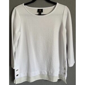 JM Collection Top Women XS White Textured Button Trim Hem Layered Look Crew Neck